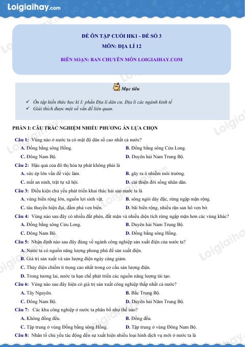 Đề thi học kì 1 Địa lí 12 KNTT - Đề số 3